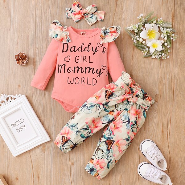 

Baby Slogan And Floral Print Ruffle Trim Bodysuit & Belted Pants With Headband, Multicolor