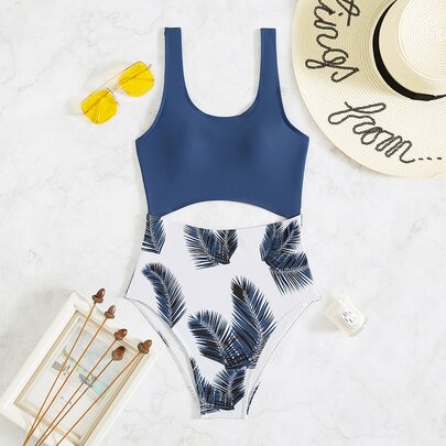 Plant Print Cut-out One Piece Swimsuit