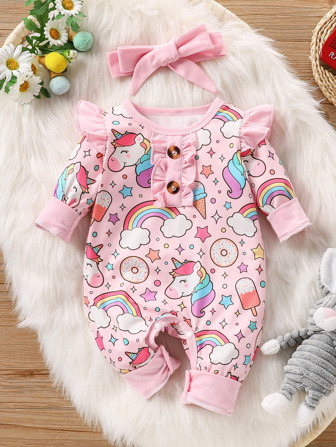 Baby Cartoon Graphic Jumpsuit & Headband