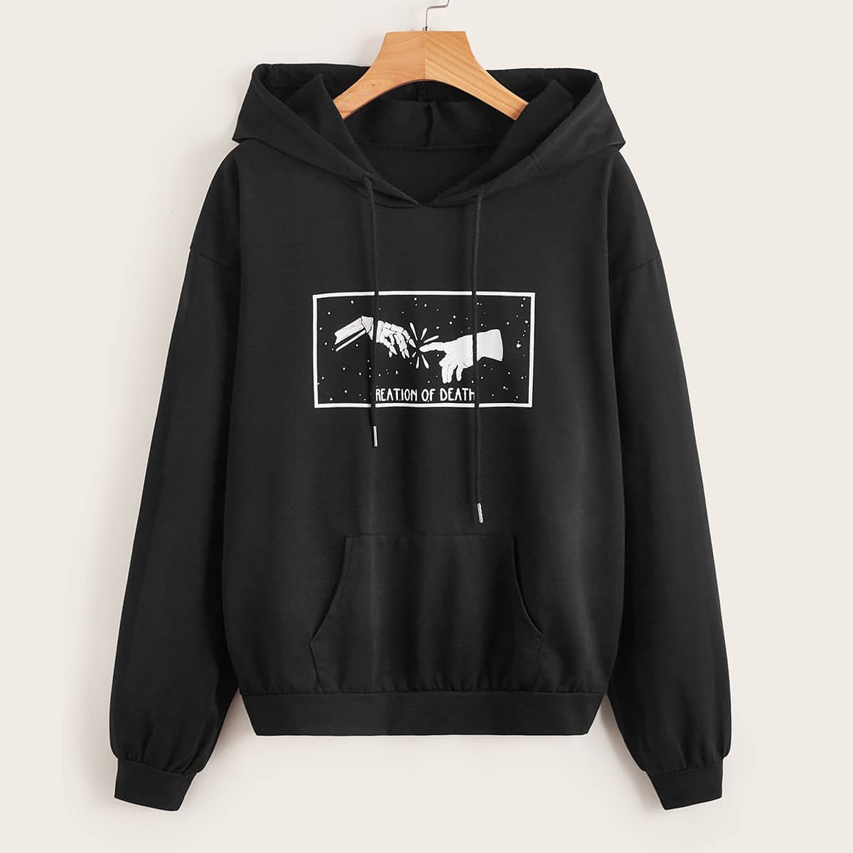 

Letter Hand & Skeleton Graphic Pocket Drawstring Hoodie, Black