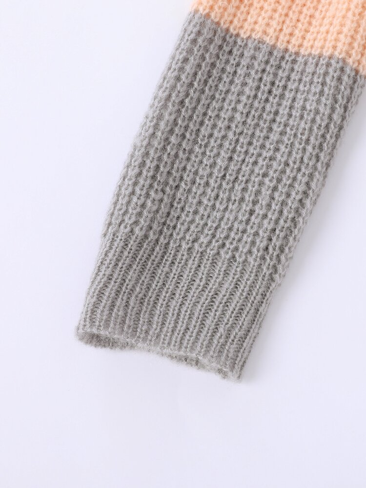 女孩撞色落肩袖套頭毛衣 - 灰色 - 查看 3