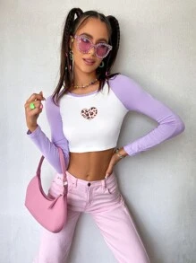 Camiseta corta panel de leopardo con bordado de corazón de manga raglán - Multicolor - Ver 6