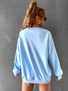 SHEIN Unity Sudadera con estampado de árbol y letra - Celeste - Ver 2