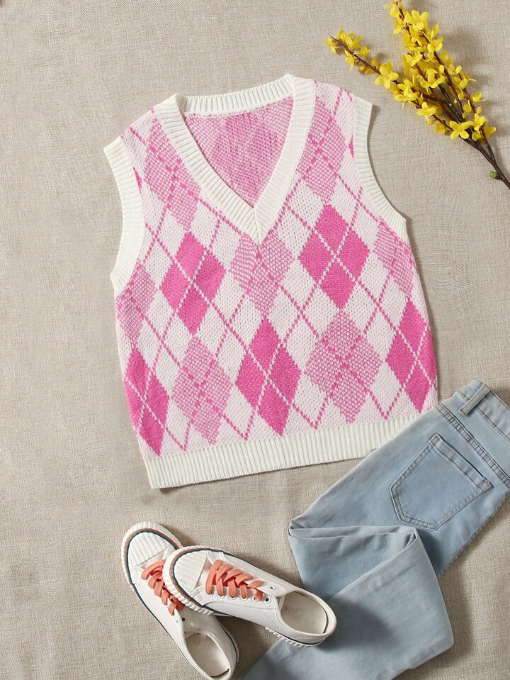 Cable Knit Cropped Argyle Vest Shein Pink Sweater Vest SHEIN