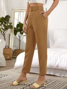 GENKIRA Women Suit Pants Thắt lưng màu trơn - Lạc đà - Xem 3