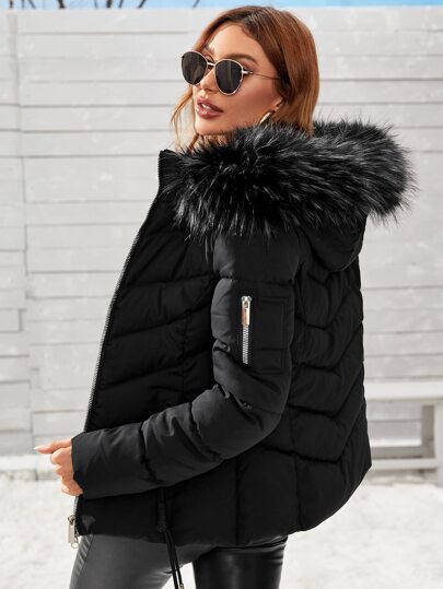 Anewsta Women's Solid Color Long Sleeve Zipper Collar Patchwork Fuzzy Hooded Padded Coat, Winter