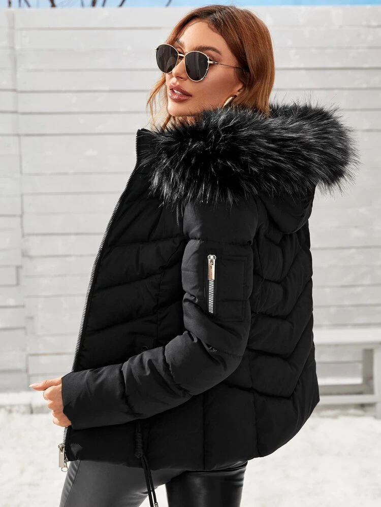 Women's Solid Color Long Sleeve Zipper Collar Patchwork Fuzzy Hooded Padded Coat, Winter