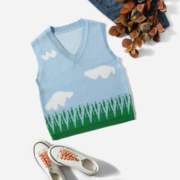 

Cloud & Grass Pattern Sweater Vest, Multicolor