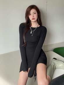 เดรสรัดรูป ตกแต่งเชือกหูรูด จับจีบ - สีดำ - ดู 3