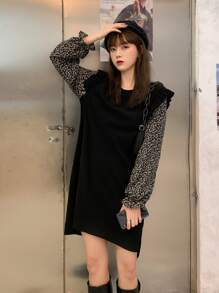 假兩件荷葉邊直筒洋裝 - 黑色 - 查看 1