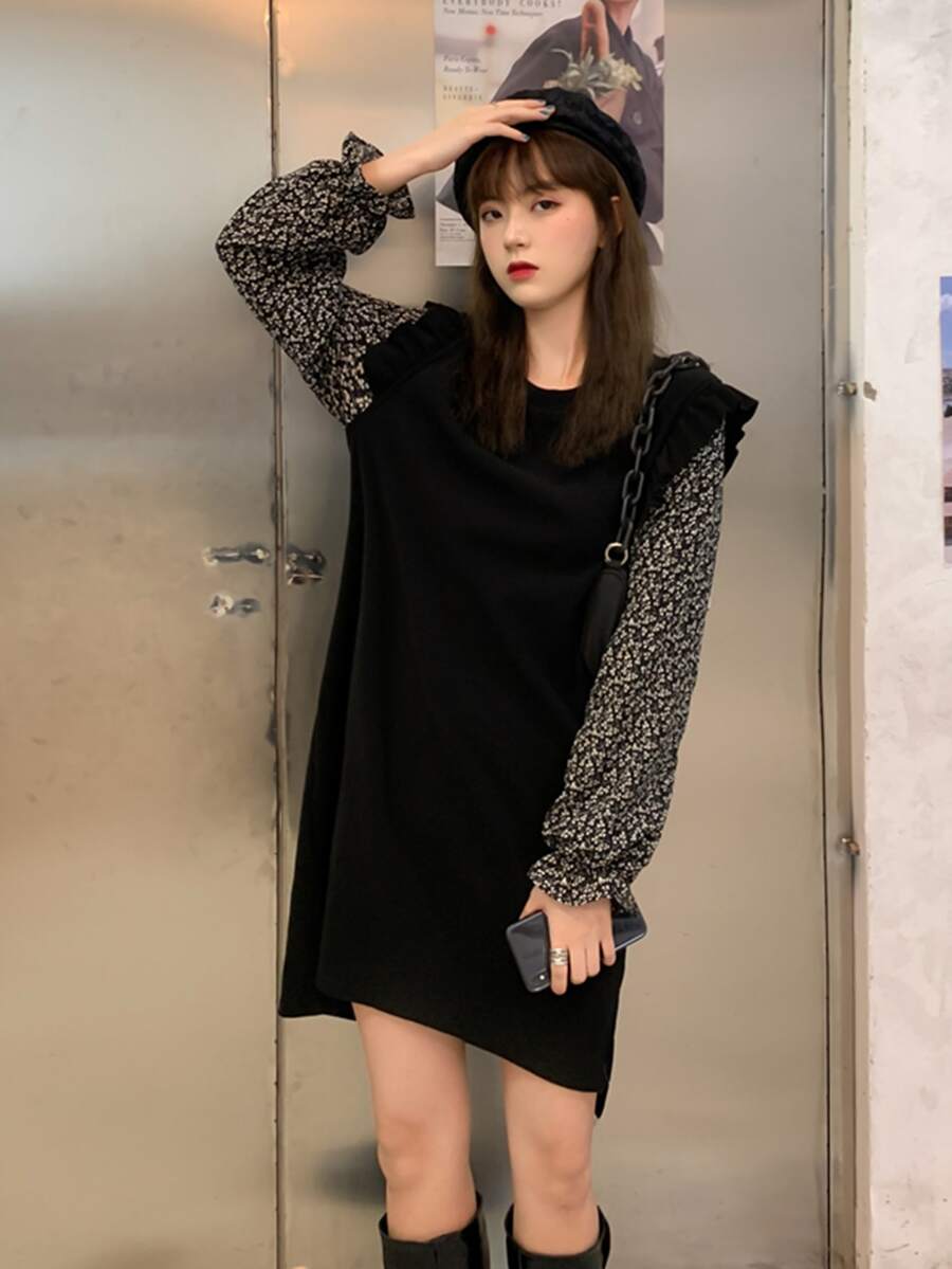 假兩件荷葉邊直筒洋裝 - 黑色 - 查看 1