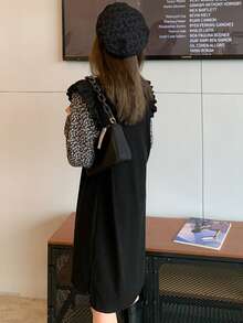 假兩件荷葉邊直筒洋裝 - 黑色 - 查看 2