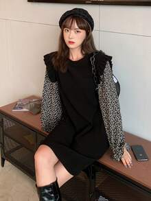 假兩件荷葉邊直筒洋裝 - 黑色 - 查看 3