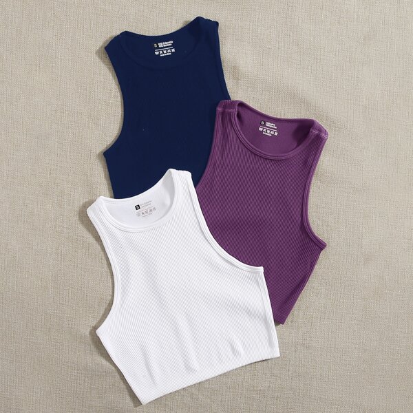 

3pcs Recycle Rib-knit Sports Tank Top, Multicolor