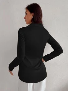 SHEIN Privé Áo sơ mi nữ Nút phía trước màu trơn Thanh lịch - màu đen - Xem 2