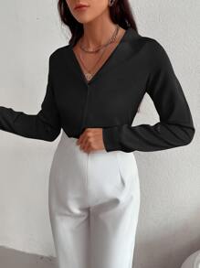 SHEIN Privé Áo sơ mi nữ Nút phía trước màu trơn Thanh lịch - màu đen - Xem 3