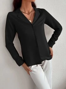 SHEIN Privé Áo sơ mi nữ Nút phía trước màu trơn Thanh lịch - màu đen - Xem 4