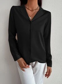 SHEIN Privé Áo sơ mi nữ Nút phía trước màu trơn Thanh lịch - màu đen - Xem 6