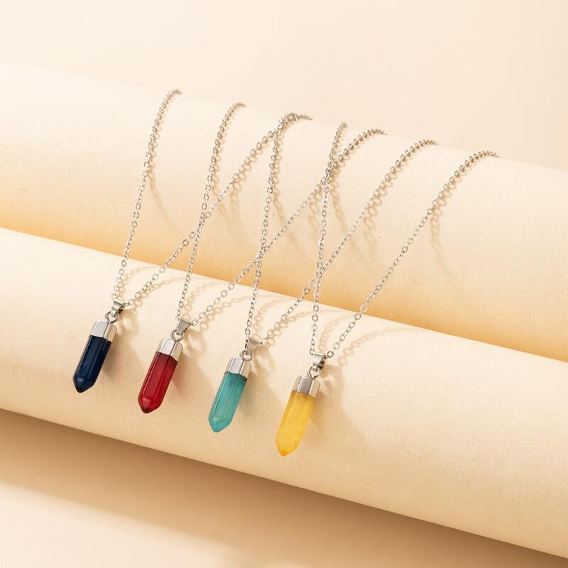 

4pcs Geo Stone Pendant Chain Necklace, Multicolor