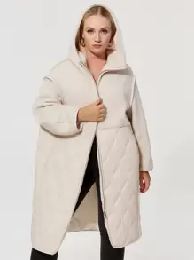 Plus Size Zip Up Tương phản Teddy Có mũ trùm đầu Áo khoác đệm bông - Màu be - Xem 1