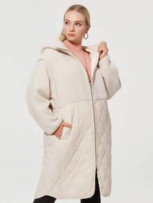 Plus Size Zip Up Tương phản Teddy Có mũ trùm đầu Áo khoác đệm bông - Màu be - Xem 3