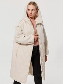 Plus Size Zip Up Tương phản Teddy Có mũ trùm đầu Áo khoác đệm bông - Màu be - Xem 4