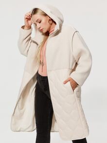 Plus Size Zip Up Tương phản Teddy Có mũ trùm đầu Áo khoác đệm bông - Màu be - Xem 5