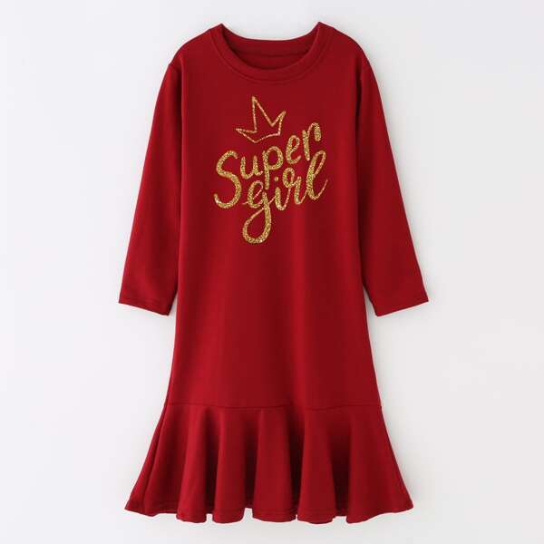 

Girls Letter Graphic Smock Dress, Burgundy