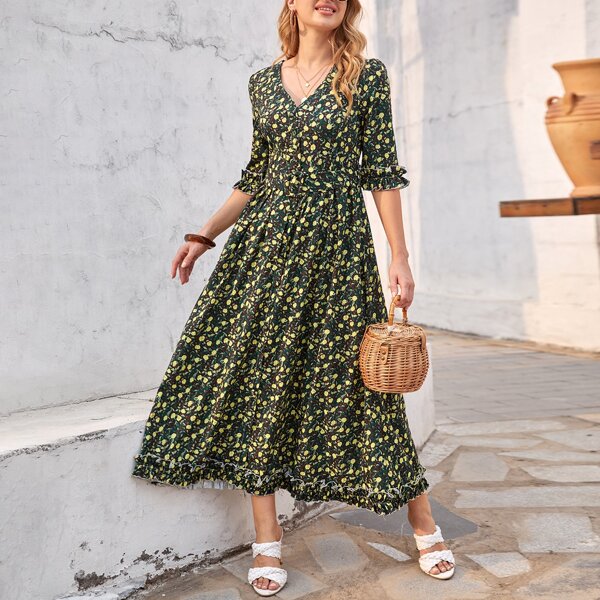 

Flounce Sleeve Ditsy Floral Belted Dress, Multicolor