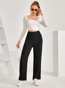 SHEIN Frenchy High Waist Straight Leg Trousers - Black - View 4