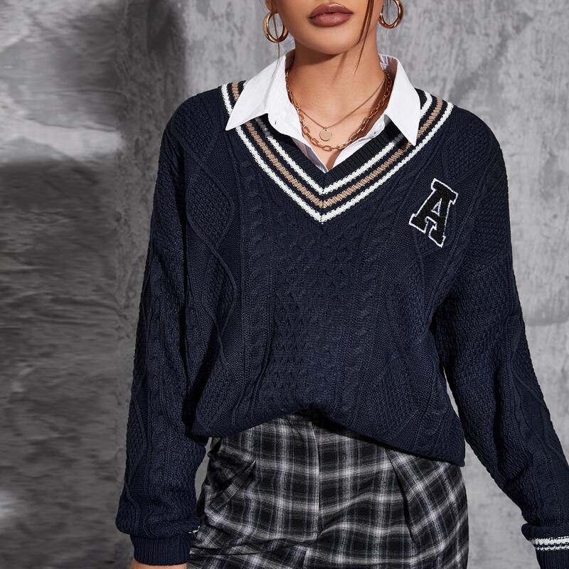 

Letter Embroidered Contrast Binding Sweater Without Blouse, Navy blue