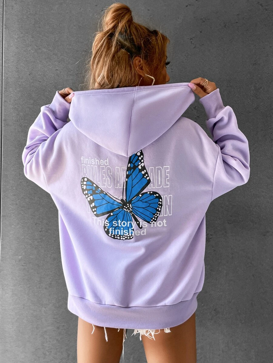 SHEIN Unity Capucha con estampado de mariposa y slogan de hombros caídos con cordón - Lila Púrpura - Ver 1
