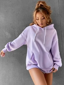 SHEIN Unity Capucha con estampado de mariposa y slogan de hombros caídos con cordón - Lila Púrpura - Ver 2