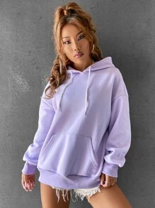 SHEIN Unity Capucha con estampado de mariposa y slogan de hombros caídos con cordón - Lila Púrpura - Ver 3