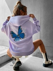 SHEIN Unity Capucha con estampado de mariposa y slogan de hombros caídos con cordón - Lila Púrpura - Ver 5