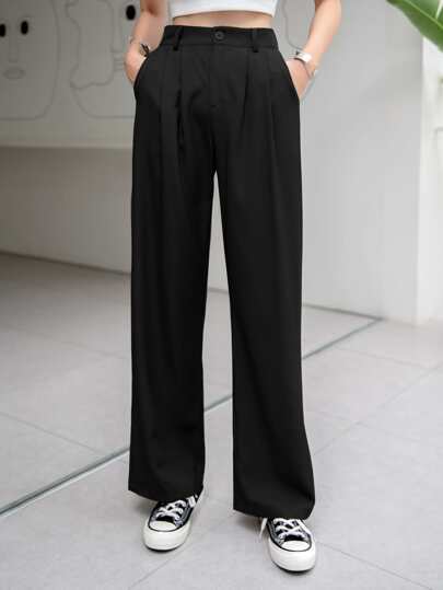 Solid Plicated Straight Leg Suit Pants, Women Dress Pants Business Attire