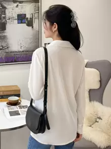 DAZY 纯色弧形下摆衬衫、长袖上衣、秋季学院风上衣 - 白色 - 查看 2