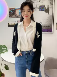 DAZY 纯色弧形下摆衬衫、长袖上衣、秋季学院风上衣 - 白色 - 查看 7