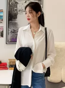 DAZY 纯色弧形下摆衬衫、长袖上衣、秋季学院风上衣 - 白色 - 查看 8