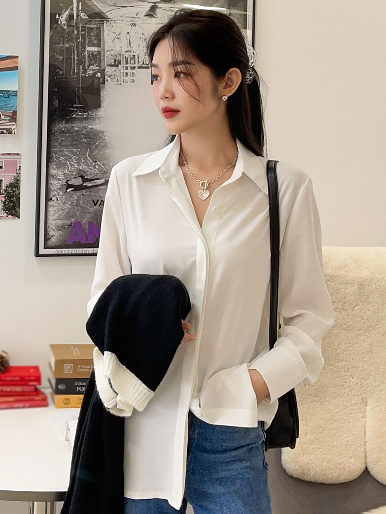 Solid Curved Hem Shirt,Long Sleeve Tops,Fall Clothes Preppy Tops
