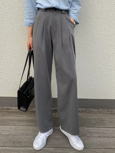 Solid Wide Leg Plicated Detail Pants,Teacher Pants