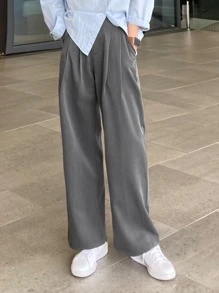 DAZY Solid Wide Leg Plicated Detail Trousers - Grey - View 3