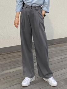 DAZY Solid Wide Leg Plicated Detail Trousers - Grey - View 4