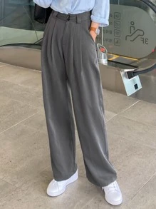 DAZY Solid Wide Leg Plicated Detail Trousers - Grey - View 5