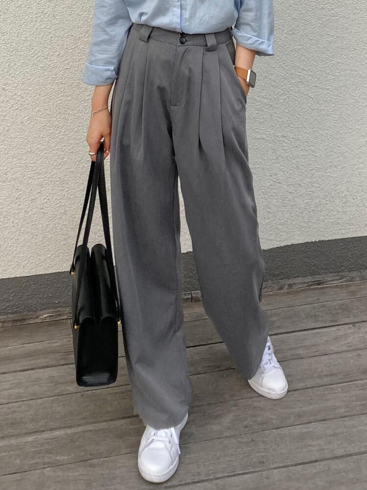 DAZY Pantalones anchos de pierna sólida con detalle de pliegues, pantalones de maestro - Gris - Añade 6