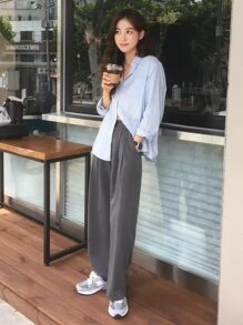 DAZY Solid Wide Leg Plicated Detail Trousers - Grey - View 7