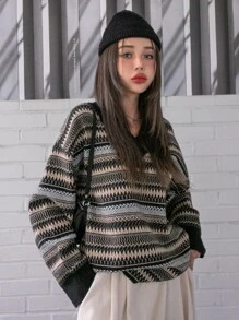 DAZY 鋸齒紋和條紋圖案落肩袖套頭毛衣 - 彩色 - 查看 8