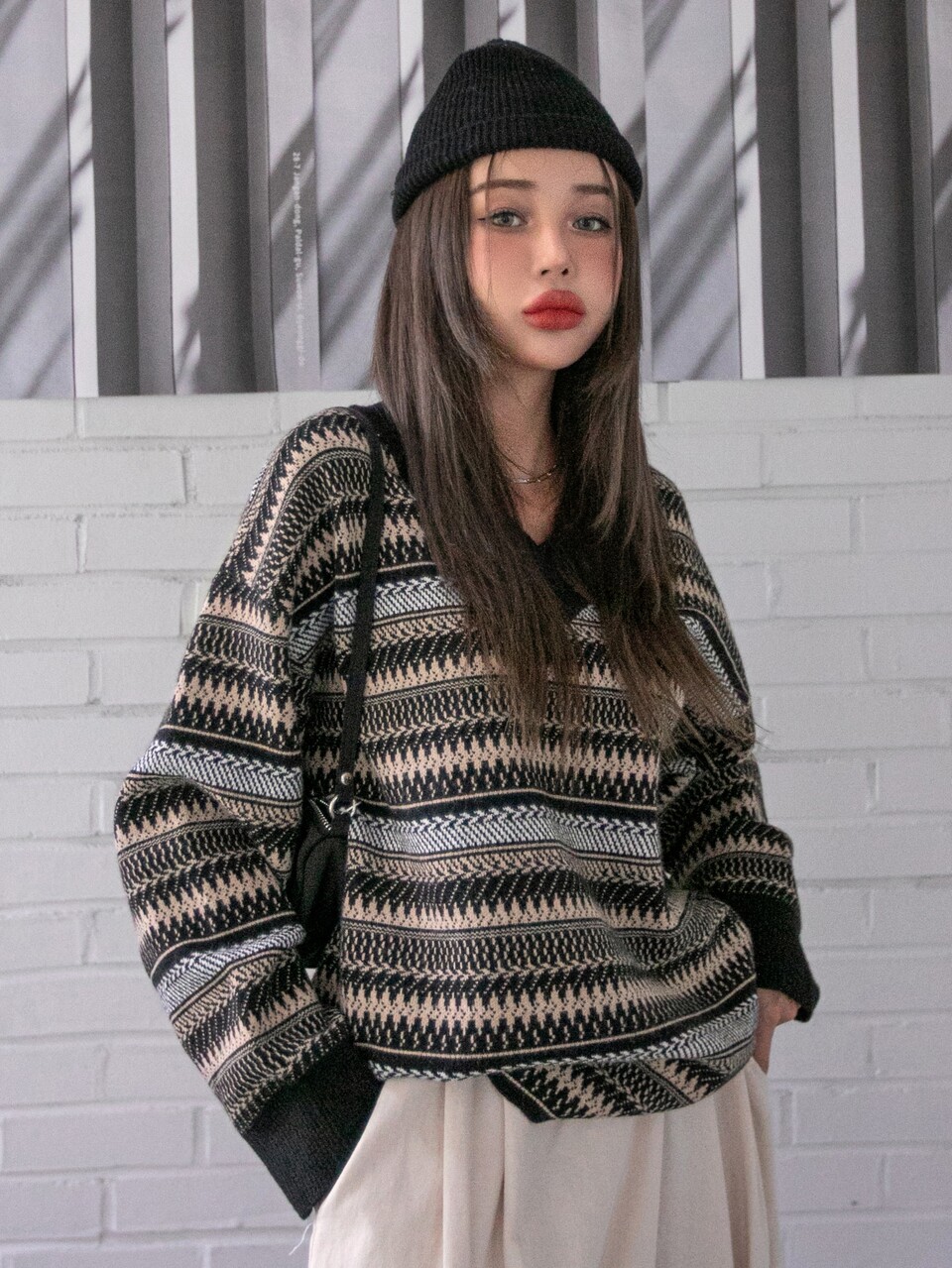 Chevron & Stripe Pattern Drop Shoulder Sweater