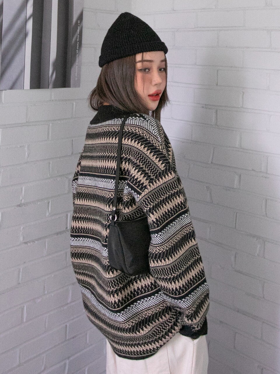 Chevron & Stripe Pattern Drop Shoulder Sweater