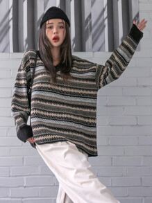 DAZY 鋸齒紋和條紋圖案落肩袖套頭毛衣 - 彩色 - 查看 3